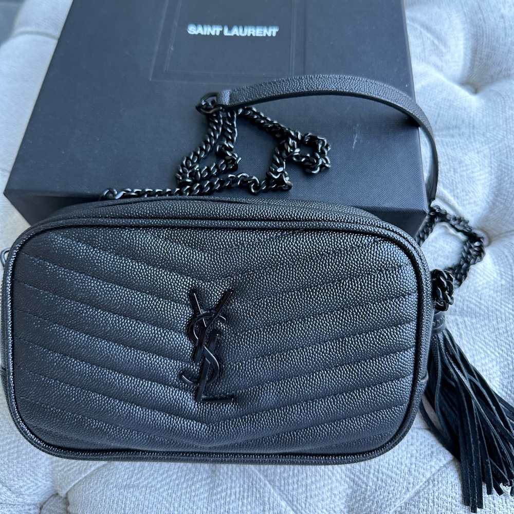 YSL Lou Mini Camera Bag in Black Grained Quilted Leather with Tassel & Hardware
